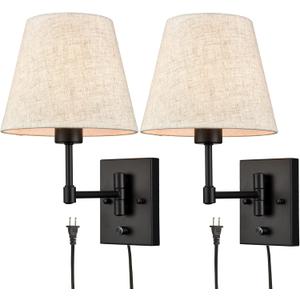 SAMTEEN Swing Arm Wall Sconces Set of Two Modern Black Sconce Light Plug in Wall Sconce with Shade, Black Swing Arm Wall Lamp with Plug in Cord for Bedroom Foyer Living Room