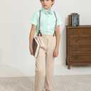 DISAUR Toddler Boy Clothes Suit, Formal Dress Shirt with Bowtie+Suspender Pants Boy Gentleman Wedding Outfits Green, 7-8t