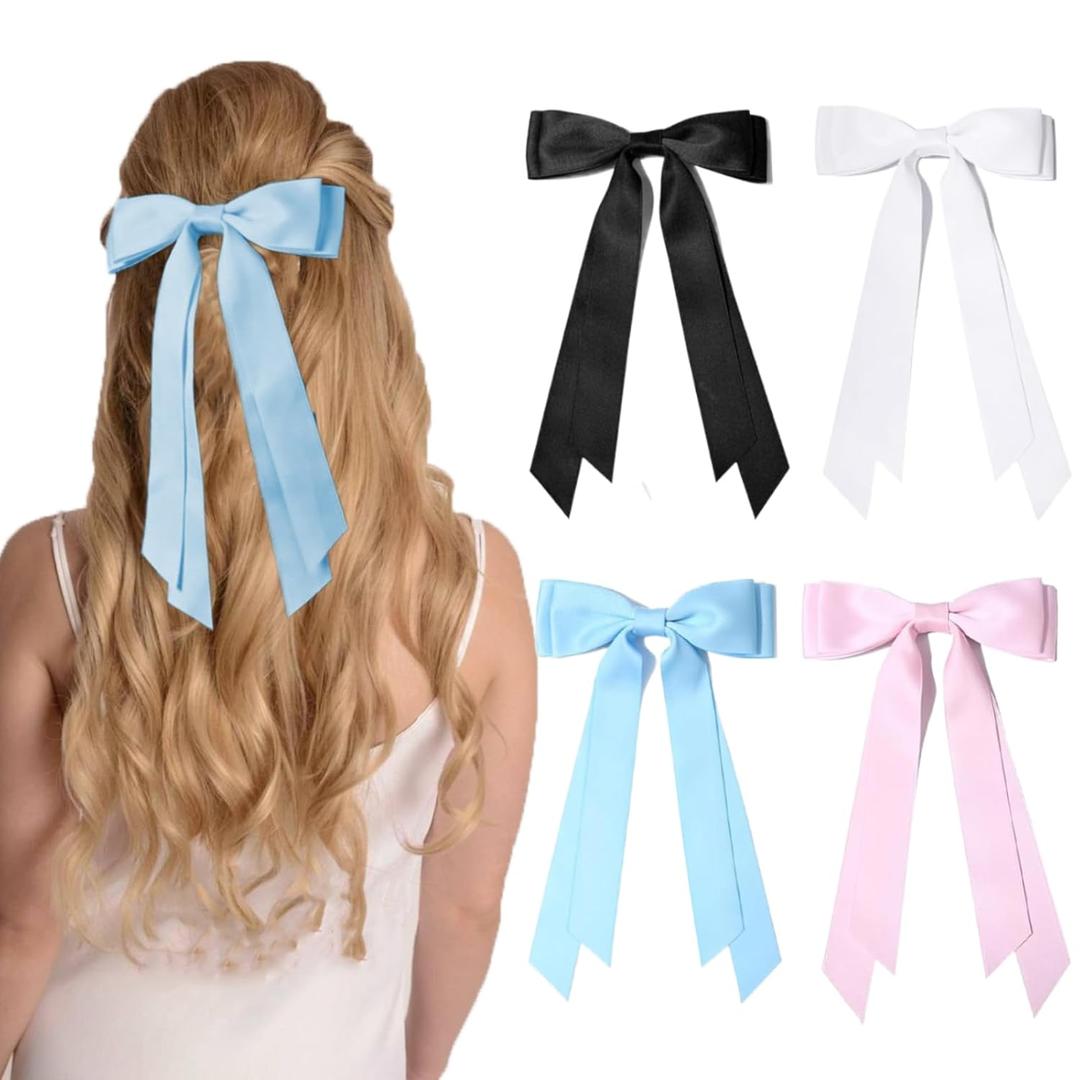 4PCS Hair Bows Hair Clips, RSWETE Stain Bow Hair Ribbon for Women Girls French Barrette Ponytail Bow Clip Hair Accessories Elegant Cute (White & Black & Pink & Blue)