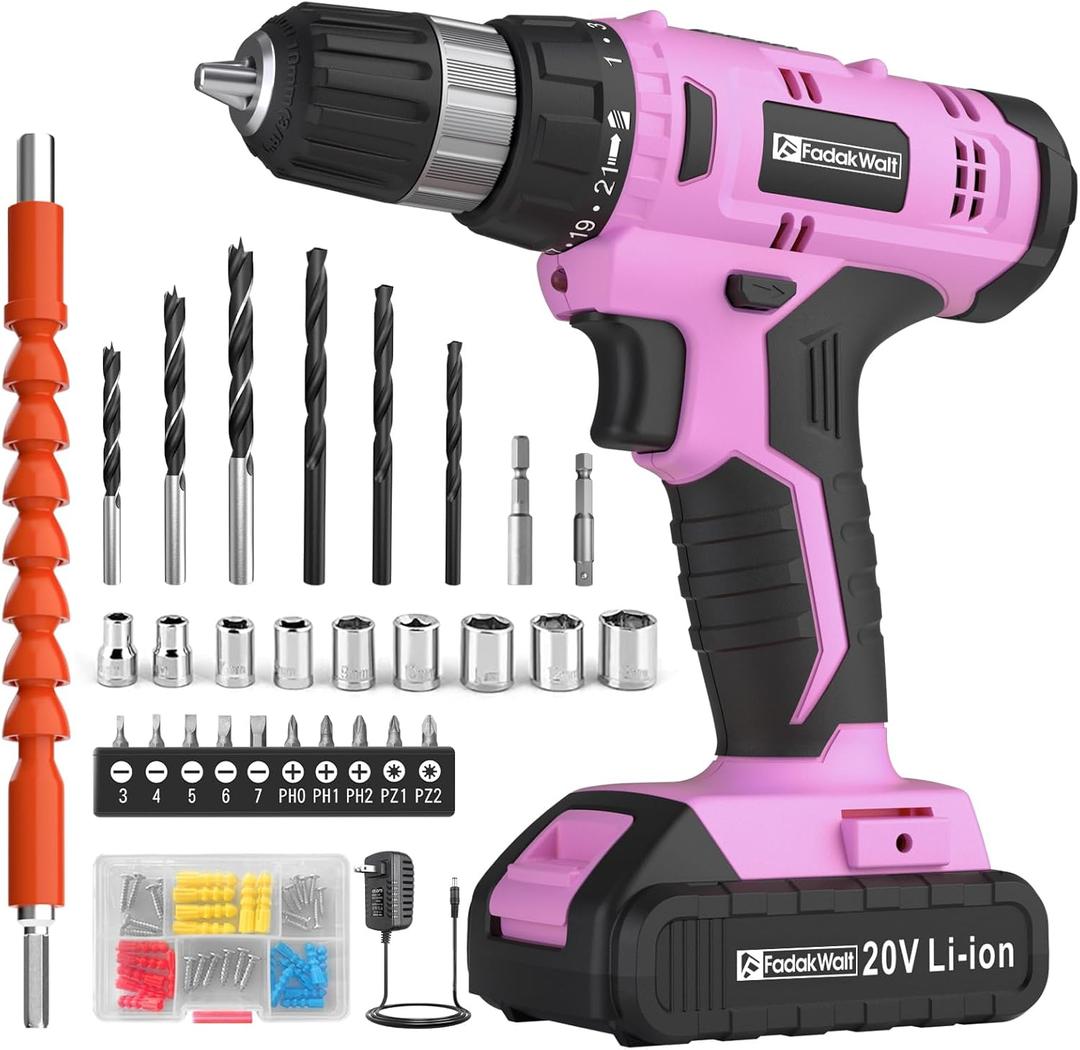 FADAKWALT Cordless Drill Set, 20V Electric Power Drill With Battery And Charger, 30N Torque, 21+1 Settings, 3/8-Inch Keyless Chuck, Driver Bits Kit, LED Light (Pink)