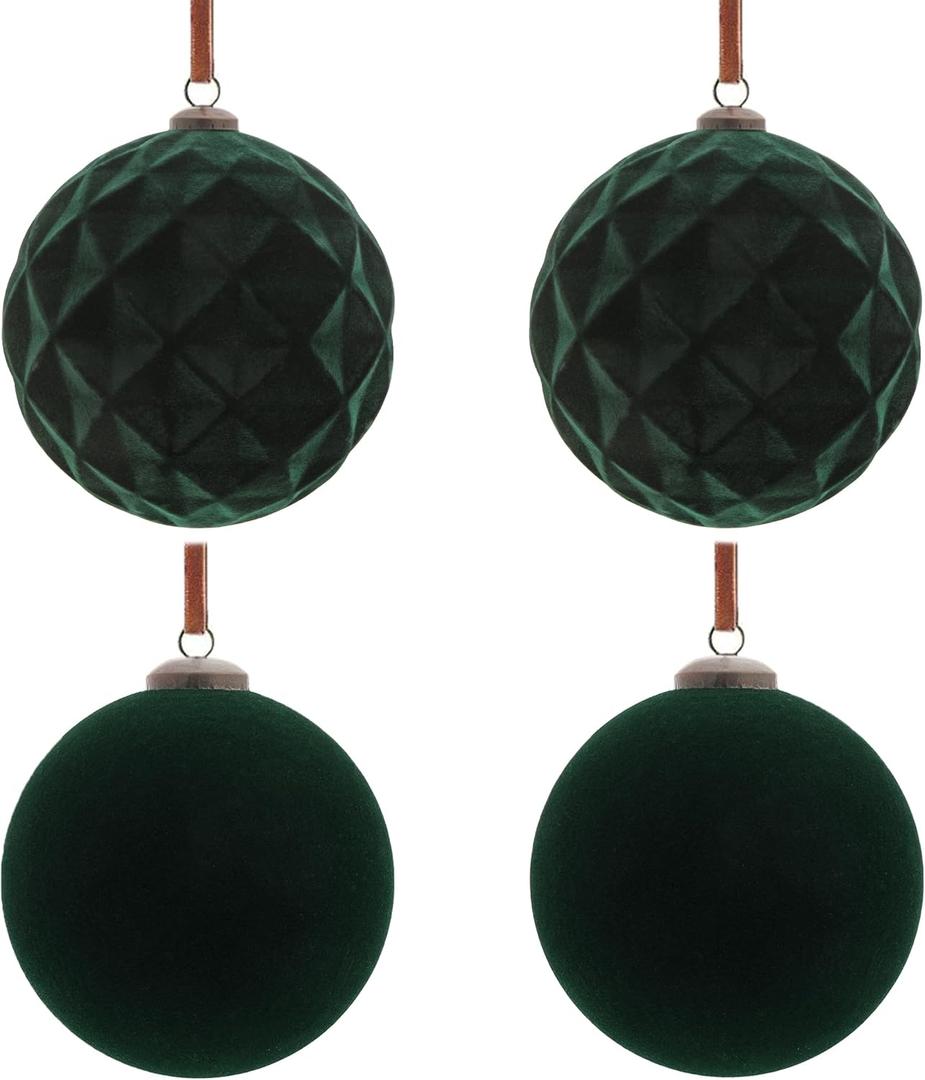 6Pcs Large Velvet Christmas Ball Ornaments 4" Dark Green Flocked Ornaments Set for Christmas Tree with 10Pcs Velvet Bows Shatterproof Xmas Hanging Decorations for Home Office Holiday Décor