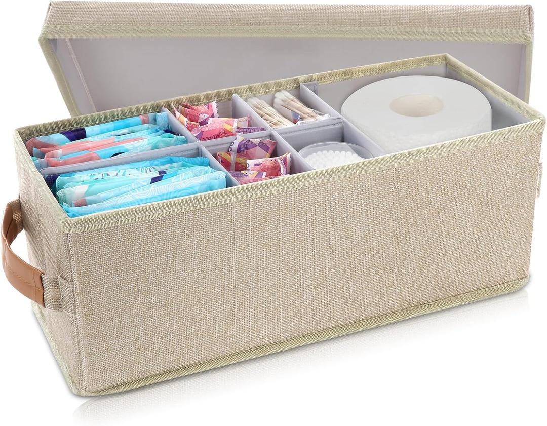 Tampon Holder for Bathroom, Bathroom Storage Containers with Lid, Adjustable Divider Feminine Product Organizer, Tampon Organizer, Bathroom Accessories Decor Boxes (Beige, 1-Pack)
