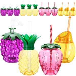 SiliFine 12 Set Pineapple Strawberry Cups with Straws Lids 17 oz Cute Plastic Fruit Shaped Cups Include Pineapple Strawberry Grape Mango Cup for Summer Hawaiian Birthday Luau Beach Party