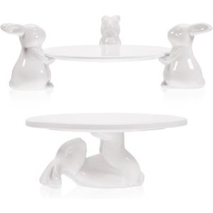 2 Set Bunny Cake Stand Ceramic Cupcake Stand Cute Bunny Cupcake Cake Holder Bunny Cake Plates Bunny Candy Dish Bunny Ceramic Dessert Tray for Party Serving Birthday Gift, White