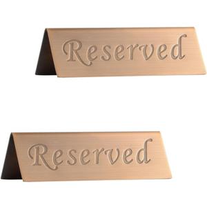 Reserved Sign - Brushed Stainless Steel Free Standing Table Top Compliance Sign - Double Sided - 4.7 By 1.6 Inch - Set of 2 - Copper