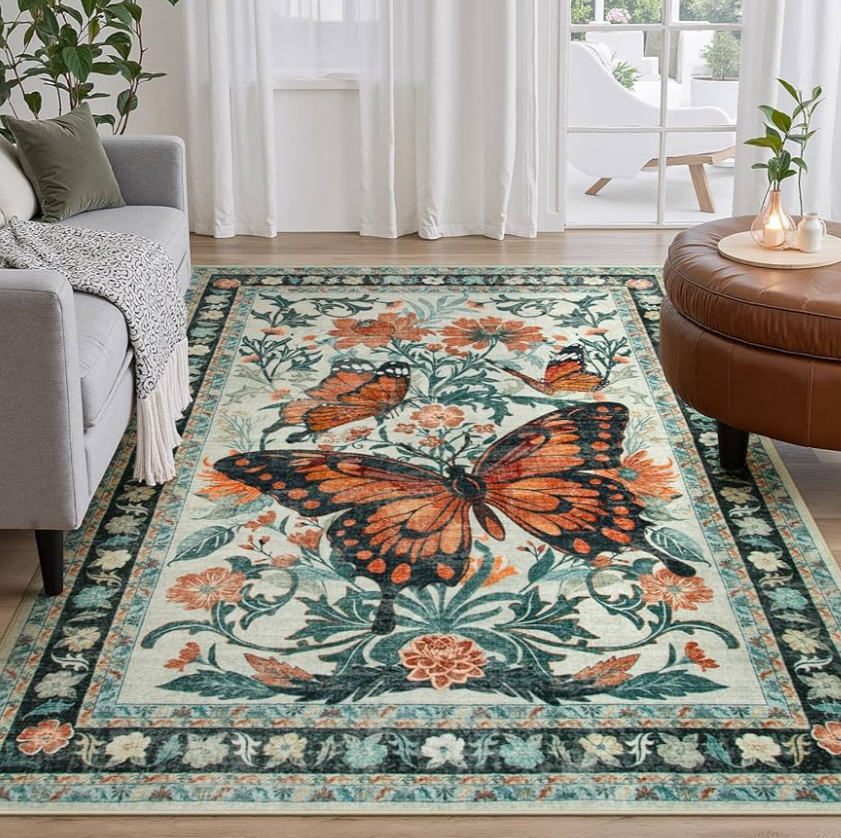 Wonnitar Butterfly Insect Print Machine Washable Rug 5x7, Ultra-Thin Soft Rug for Bedroom, Boho Non Slip Non-Shedding Carpet for Living Room Playroom Nursery (5'x7',Beige/Green)