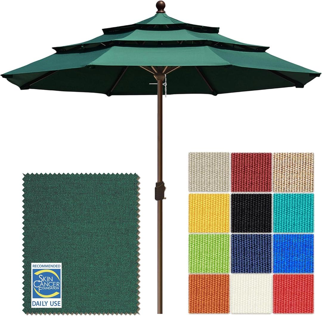 EliteShade USA 10-Year-Non-Fading 10ft 3-Tier Market Patio Umbrella, Commercial Grade Outdoor Table Umbrella with Crank Open, Windproof & UPF 50+ UV Protection, Heavy Duty Ventilation for Garden, Deck, Pool, Backyard, Beach & Bistro, No Tilt, Forest Green