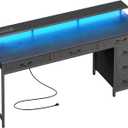 Huuger Gaming Desk with 6 Drawers, Computer Desk with LED Lights Power Outlets and Type-C, 55 Inch Office Desk with Storage, Monitor Stand, Writing Desk Work Desk Home Office, Bedroom, Study, Black, 54 inch