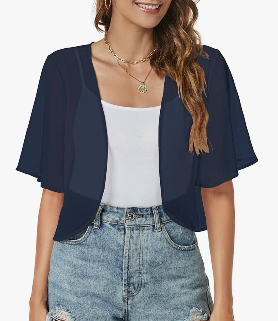 Women Shrug Chiffon Cardigans Open Front Short Sleeve Bolero for Evening Dressy, Large