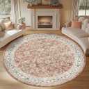 jinchan Round Rug 7ft Washable Circle Soft Rug - Low Pile Vintage 7'Round Indoor Orange Floral Print Stain Resistant Boho Carpet Ultra-Thin Non-Slip for Living Room Bedroom Dining Room Kitchen