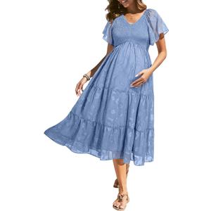 Maternity Dress for Baby Shower - 2025 Photoshoot Pregnancy Summer Midi Casual Flutter Sleeve Dress (S, Blue)