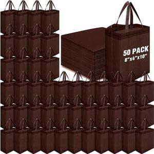 Windyun 50 Pcs Reusable Tote Bag Bulk 8 x 4 x 10 Inch Non Woven Shopping Bag with Handle Christmas Reusable Grocery Gift Tote (Brown)