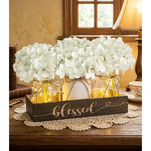 Farmhouse Mason Jar Table Centerpiece with White Hydrangea Flowers, Lighted Artificial Floral Arrangement with Wood Tray, Rustic Table Decor for Kitchen Coffee Table Living Room Home