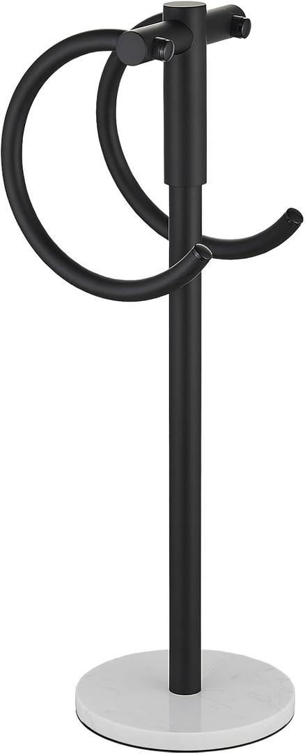 Hoooh Matte Black Free-Standing Towel Ring - Double-Ring & Marble Base Design - Stainless Steel Hand Towel Rack for Bathroom Vanity Countertop