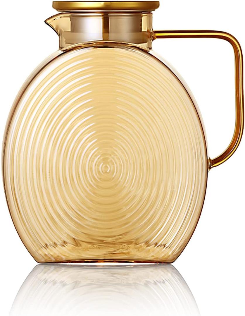 77oz Large Glass Water Pitcher with Gold Lid for Fridge Wide Handle Coffee Carafe for Party Water Jug Lemonade Iced Tea Jug Juice Sun Tea Jar for Drinks 2.2L