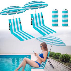 Briwooody 2 Set Foldable Poolside Chairs with Umbrella Portable Beach Folding Poolside Chair for Adults Traveling Camping Picnic Lawn Accessories, Light Blue Stripe