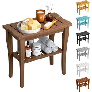 Bamboo Shower Bench Stool with Storage Shelf, Waterproof Shower Chair Spa Bath Seat, Shower Stool for Inside, Bathroom Bench Seat for Adults Elderly Seniors for Indoor or Outdoor Use(Walnut)