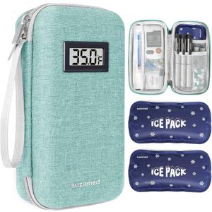 suzamed Insulin Cooler Travel Case,EVA Insulation Travel Medicine Kit with Temperature Display for Diabetes Care,Insulin Pen and Other Diabetic Supplies (Green-Temp)