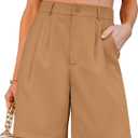 luvamia Bermuda Shorts for Women Dressy Casual High Waisted Summer Work Elastic Waist Pleated Dress Shorts with Pockets (Medium, Camel)