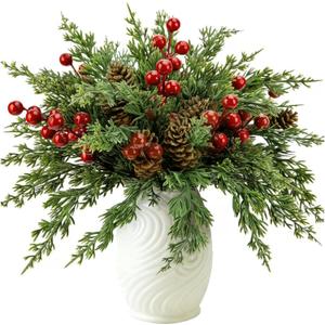 Saranna 60 Pcs Christmas Artificial Pine Branches with Red Berry Stems, Fake Holly Stems with Pinecones for Xmas Tree Wreath DIY Craft Floral Arrangement Holiday Season Decor