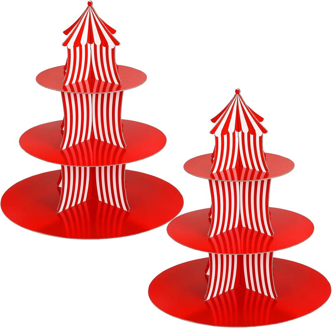 Amyhill 2 Pcs Carnival Cupcake Stand 3 Tier Cardboard Cupcake Holder Red White Striped Circus Cupcake Holders for Dessert Table Displays Carnival Birthday Theme Party Decorations