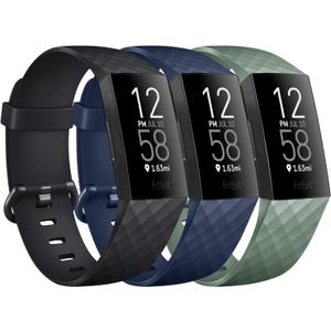 PACK 3 Silicone Bands for Fitbit Charge 4 / Fitbit Charge 3 / Charge 3 SE Replacement Bands for Women Men Small Large (Black,Abyss Blue,Cactus, Small: for 5.5"-7.1" Wrists)