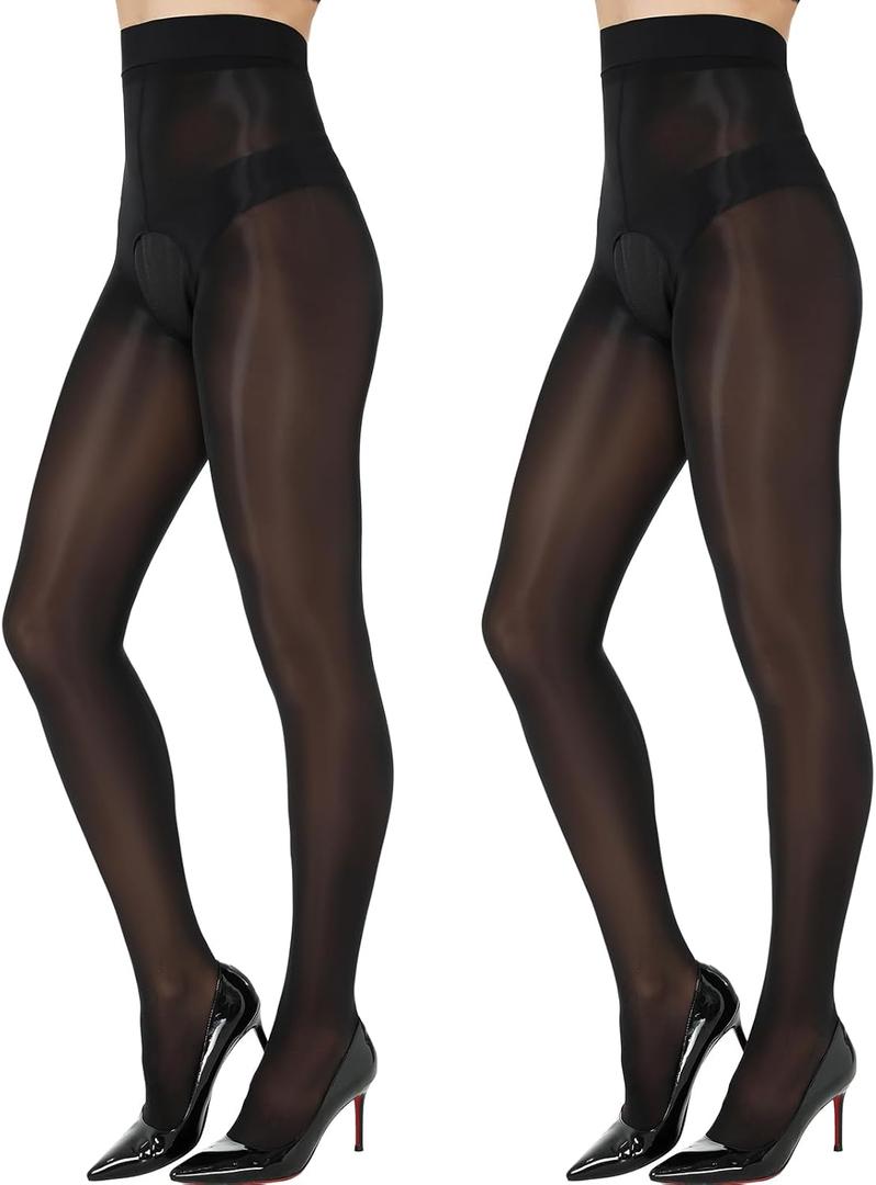 2 Pairs Shiny Sheer Tights Open Crotch Pantyhose for Women 15D Ultra Oil Shimmer Stockings with Control Top (Large-X-Large, Black)