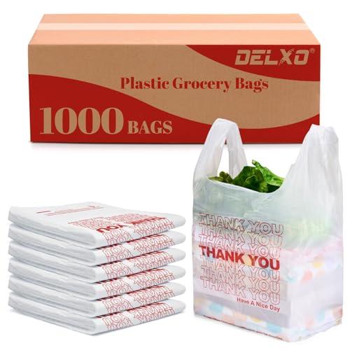 Delxo Grocery Bags Thank You Plastic T-Shirt Bag (1000 Count), White Supermarket Shopping Bags with Handles for Restaurant, Retail, To Go, Takeout, Convenience Stores 11.5 x 6.5 x 21 In