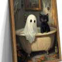 Vintage Halloween Bathroom Wall Art, Cute Ghost Black Cat Bathtub Canvas Wall Decor Painting, Spooky Halloween Artwork Prints Pictures for Bedroom Restroom Bathroom 12x16 Inch Wood Framed