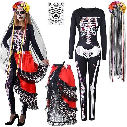 Ramede 4 Pcs Day of The Dead Catsuit Costume Women Dia De Muertos Skeleton Bodysuit Mexican Halloween Sugar Skull Accessories Size Medium