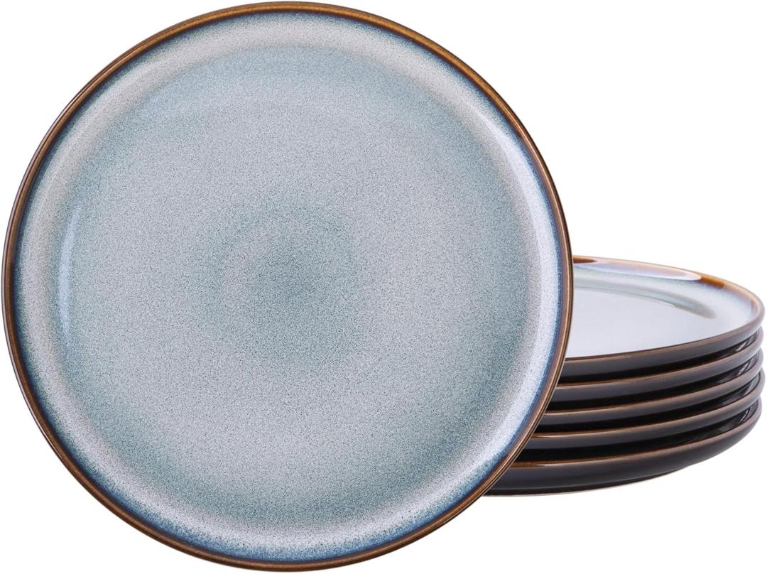 LERATIO Ceramic Plates Set of 6, 8.5 Inch Reactive Glaze Light Weight Porcelain Salad Plates,Modern Shape Dinnerware Dishes Set for Kitchen,Microwave&Dishwasher&Oven Safe,Resistant-Gray Blue