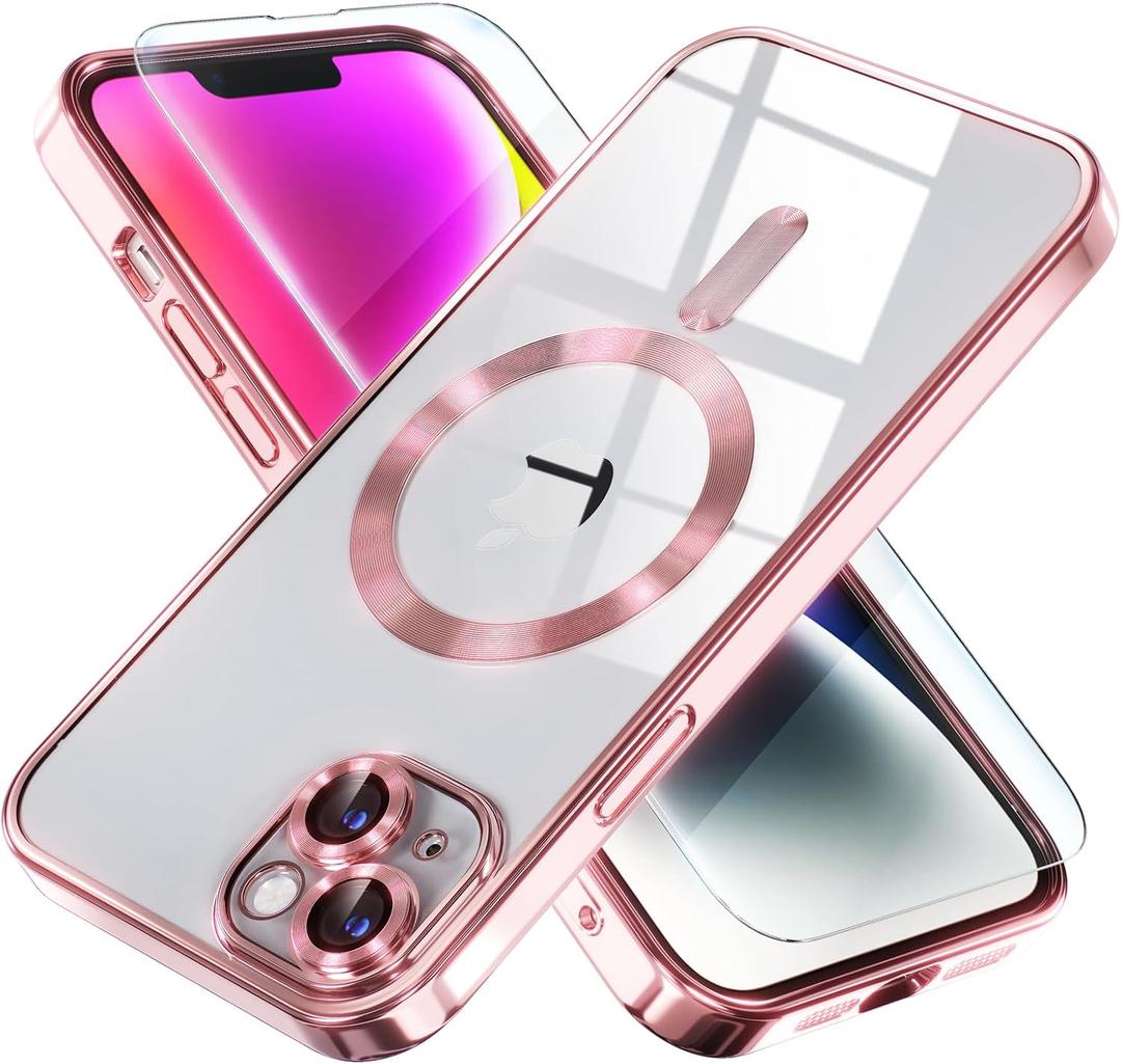 Misea Magnetic for iPhone 14 Case Compatible with MagSafe [Never Yellowing] [Military Grade Drop Protection] Full Camera Lens Protector Plating Soft Clear Phone Case for Women Girls, Pink