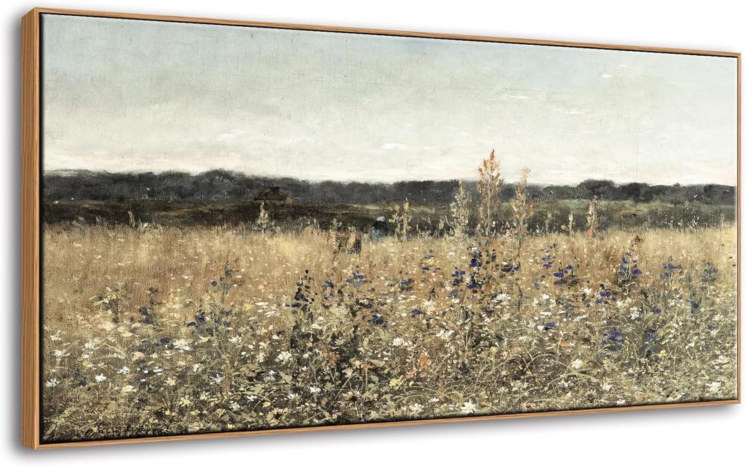 DJSYLIFE Framed Vintage Wall Art, Extra Large Wildflower Fields Canvas Wall Art, Classical Flowers Landscape Painting Prints, Country Farmhouse Living Room Decor, Modern Home Bedroom Decor 24x48inch (Champ fleuri 02)