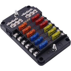 WUPP Boat Marine Fuse Block Panel with LED Warning Indicator Damp-Proof Cover - 12 Circuits with Negative Bus Fuse Box Holder Screw for Car Marine RV Truck DC 12-24V, Fuses Included