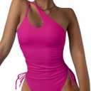 Eomenie Women's One Piece One Shoulder Swimsuit with Drawstring Tummy Control Bathing Suit Sexy High Cut Swim Suits (Medium, Hot Pink)