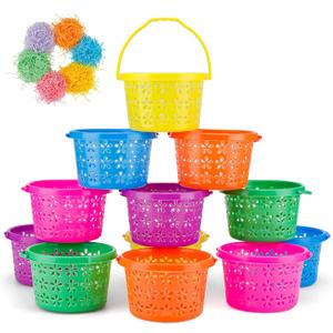 12 Pack Easter Baskets for Kids, Plastic Easter Bags with Handles, Easter Bucket Bags Filled with Grass for Easter Egg Hunt, Perfect Theme Party Favors