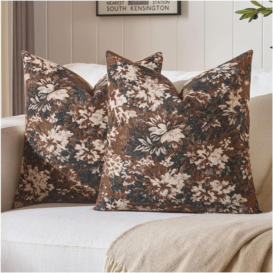 Zealax Vintage Floral Pillow Covers 18x18 Set of 2, Chenille Square Decorative Throw Pillow Covers Boho Farmhouse Accents Soft Couch Pillow Cases for Living Room Bedroom, Coffee Brown
