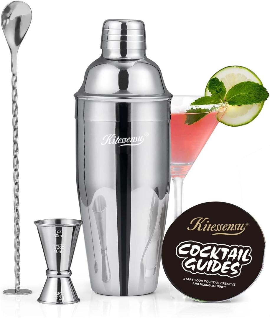Cocktail Shaker, KITESSENSU 24oz Drink Shaker with Bartender Strainer, Measuring Jigger, Bar Mixing Spoon, Cocktail Recipe Guide, Professional Drink Mixer Set for Beginners, Silver (Silver - Cobbler 3)