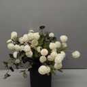 BLOSMON Fake Flowers in Vase for Centerpieces: Metal Vase with 12 Stems of Artificial Mums Kiku Flowers Eucalyptuses Dining Table Decor - White Faux Silk Pom Poms Floral Arrangements for Home Indoor [16.9"L x 16.9"W x 19.7"H]