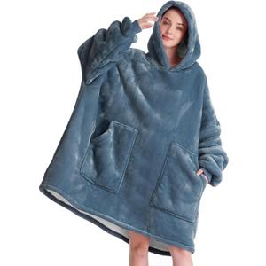 Aemicion Blanket Hoodie for Adults,Sherpa Soft Warm Thick Oversized Wearable Sweatshirt Hooded Blanket for Women Men-Blue Grey
