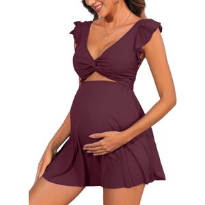 Charmo Ruffle Ribbed Maternity Swimsuit One Piece Cutout Pregnancy Bathing Suits Push Up Twisted Swimwear Swim Dress (Large, Dark Red)