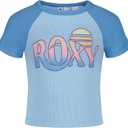 Roxy Girls' Short Sleeve Snug Fit Ribbed Tee, Crew Neck Graphic T-Shirt, Soft & Comfortable, Blue Sunset, L12/ 14