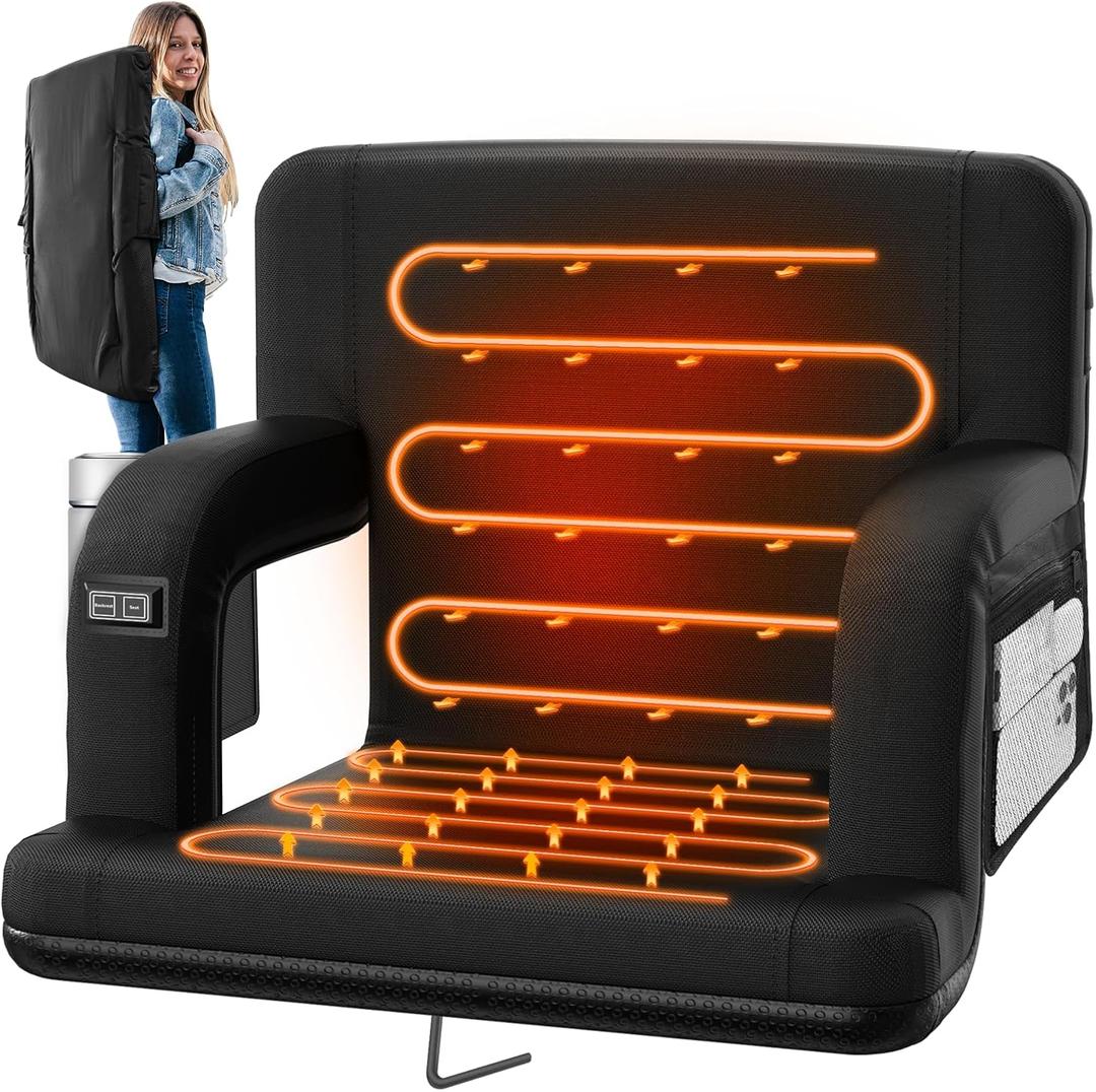 25" Heated Stadium Seats for Bleachers with Back Support, Portable Heated Bleacher Shairs with Backrest Cushion, 6 Reclining Positions, 3 Heat Modes for Outdoor Game Sports