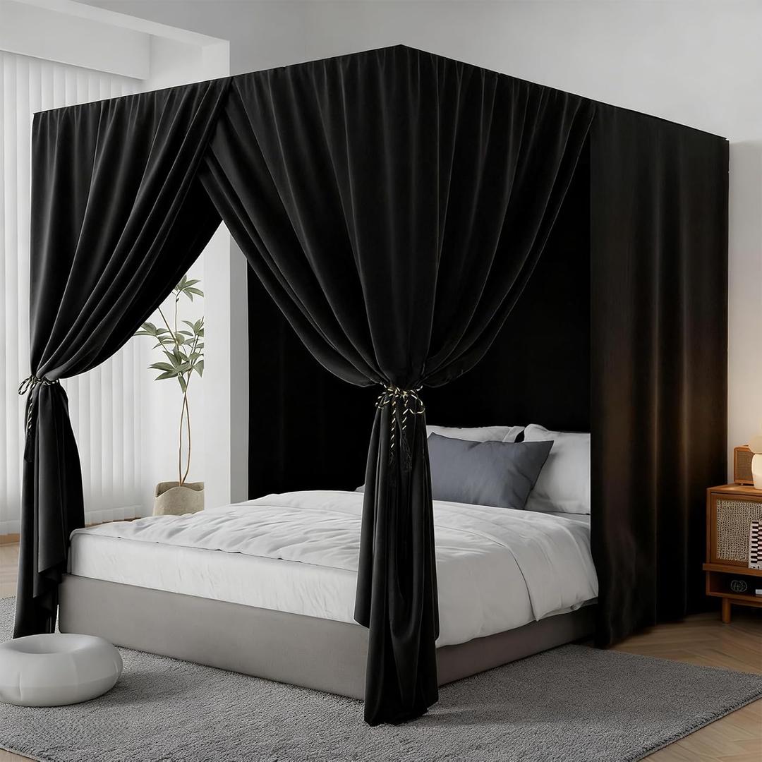 Black Canopy Bed Curtains - 4 Corner Post Bed Curtains Queen Lightproof Siamesed Drapes Bed Canopy for Adults & Girls Bedroom Decoration(Black,Queen)