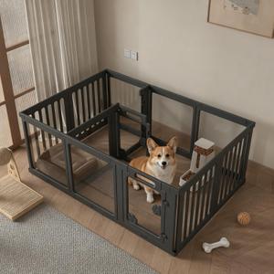 24 Inch Height 12 Panels Clear Acrylic Dog Playpen with Door, Large DIY Modular Indoor Pet Fence, Multi-Room Separate Area Puppy Play Pen, Easy Assemble & Washable Plastic Dog Enclosure Black