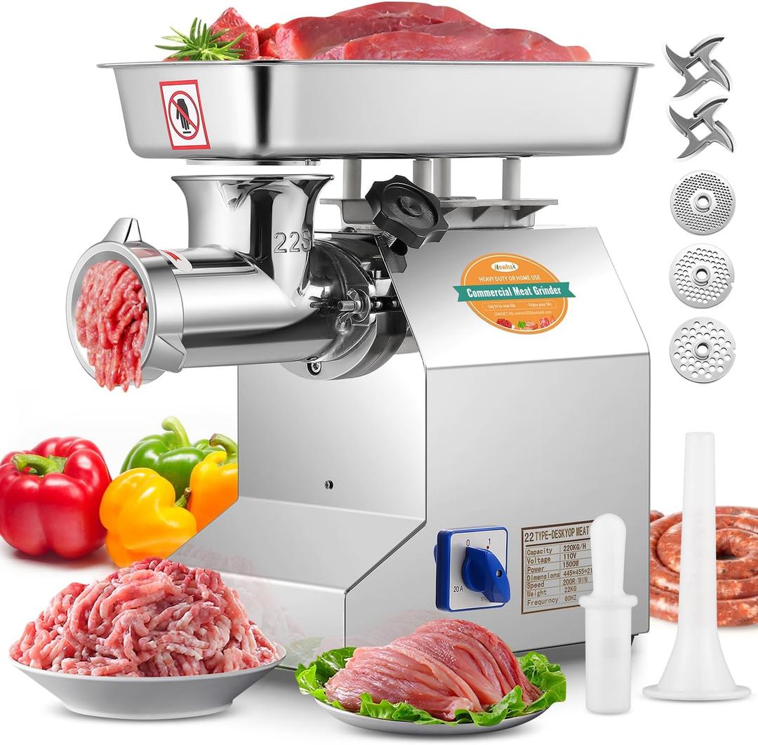 Newhai 1.5HP Commercial Meat Grinder #22 Heavy Duty Meat Grinding Machine 1100W Meat Mincer with 3/6/8mm Grinding Plates 110V US for Beef Pork Chicken Soft Bone