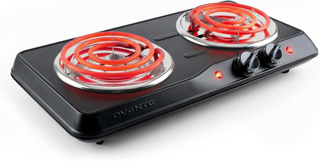 OVENTE Electric Countertop Double Burner, 1700W Cooktop with 6" and 5.75" Stainless Steel Coil Hot Plates, 5 Level Temperature Control, Indicator Lights and Easy to Clean Cooking Stove, Black BGC102B