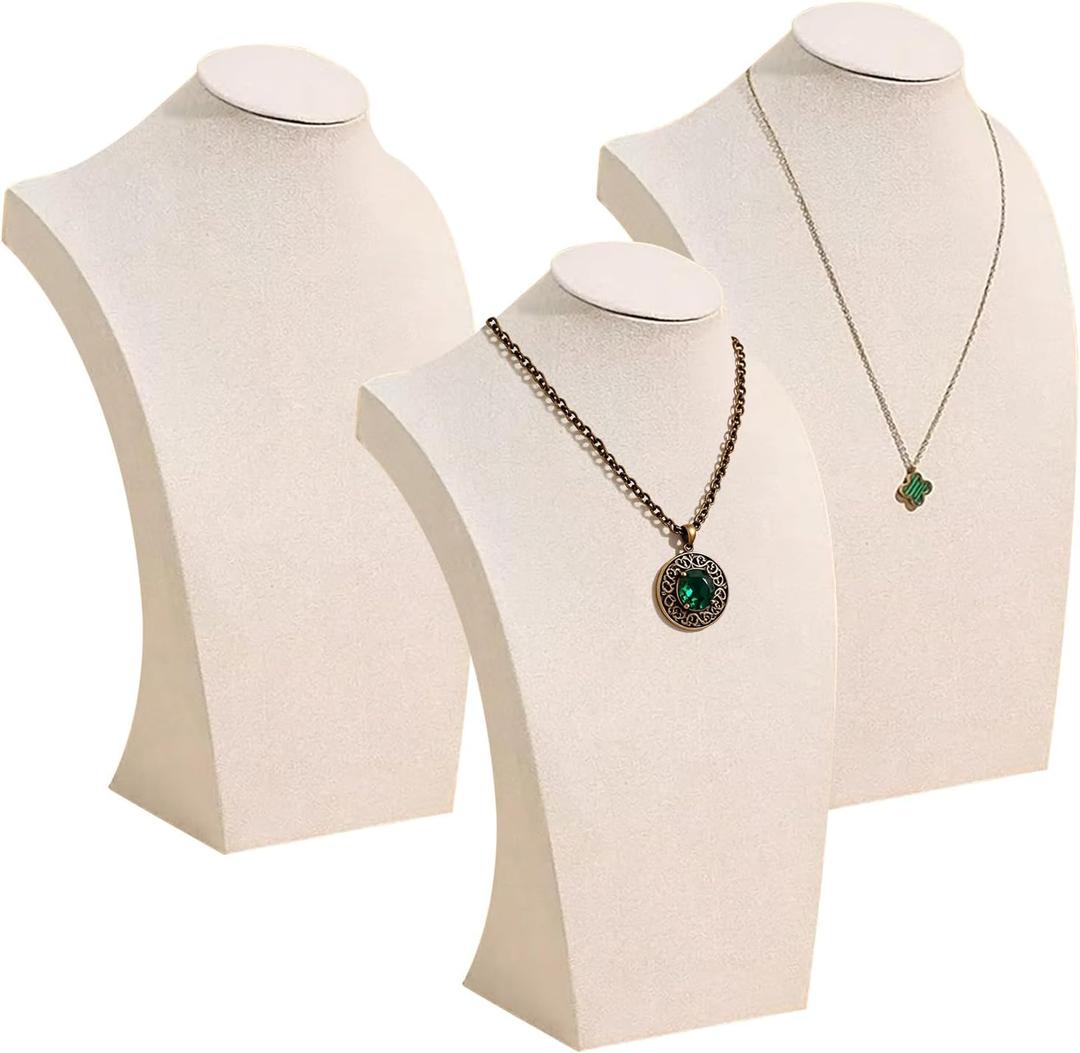 Necklace Bust Jewelry Display Stands - Beige Velvet Mannequin Holders for Necklaces and Chains, Elegant Jewelry Display for Selling, Showcases, and Organizing, Set of 3