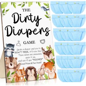 Roowest 51 Pcs Dirty Diaper Baby Shower Games Funny Wooden Sign with 50 Pcs Mini Diapers Cute Felt for Gender Reveal Party Baby Shower(Woodland Animals)