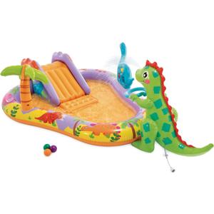 INTEX 56139EP Dino Park Inflatable Kiddie Pool: Inflatable Kids Pool with Water Sprayer and Slide  Splash Pad  79" x 62" x 27"  Ages 3+ (Multicolor)